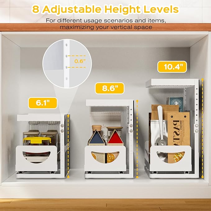 2 Tier Magnetic Storage Shelf with Pull Out Drawer, Height Adjustable Magnetic Organizer for Washing Machine & Fridge Side, No Drill Magnetic Rack for Laundry Room, Kitchen Storage (White)