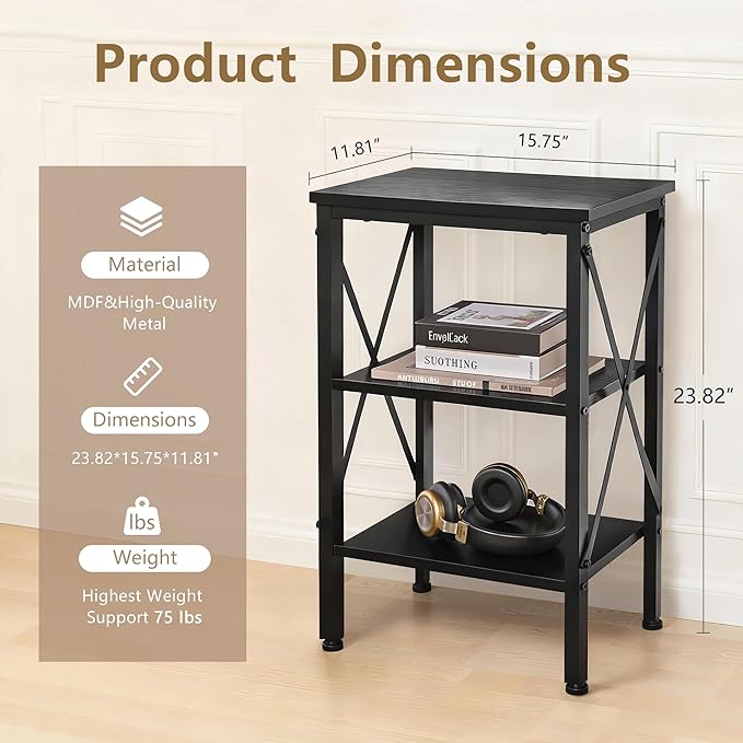 VECELO End Table, 24" Tall Wood Living Room X-Design Reinforced Side Tables, Nightstands with 3-Tier Wood Storage Shelves for Small Spaces, Office, Bathroom, Bedroom, Classic Black, 2 Pack
