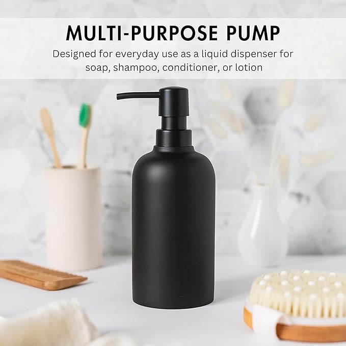 Matte Black Round Soap Dispenser Set with Tray for Kitchen, Countertop & Bathroom – 2 Pack 15 oz Refillable Resin Pump Bottle for Dish Soap, Hand Soap, Shampoo, Conditioner – Non-Slip Protective Pads