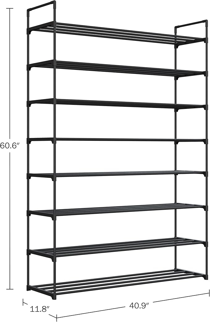 Shoe Rack - 8-Tier Shoe Organizer for Closet, Bathroom, Entryway - Shelf Holds 40 Pairs Sneakers, Heels, Boots by Home-Complete (Black)