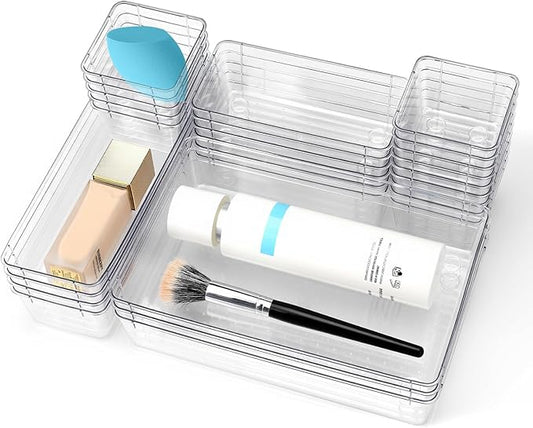 Clear Drawer Organizer Set, 4 Sizes Desk Drawer Divider Organizers Storage Bins for Bathroom,Kitchen,Office,Vanity Organizers Tray for Jewelry (27PACK)