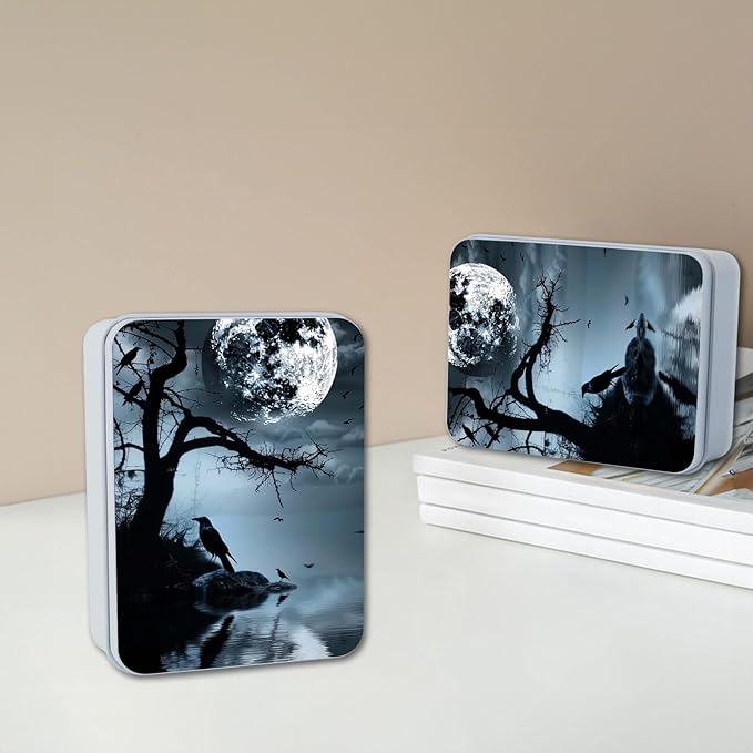 Metal Tin Box with Lid,Multi-functional Storage Large Box Can Store Tea Biscuits Game Cards, Playing & Tarot Cards-Comes with 4 Magnetic Cord Clips,Raven Moonlight Scene