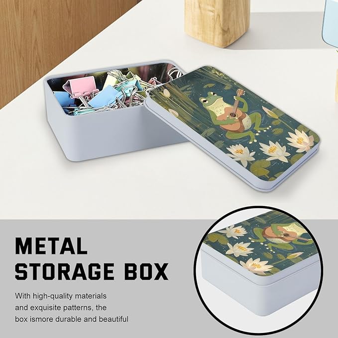 Metal Tin Box with Lid,Multi-functional Storage Large Box Can Store Tea Biscuits Game Cards, Playing & Tarot Cards-Comes with 4 Magnetic Cord Clips,Frog Playing Guitar