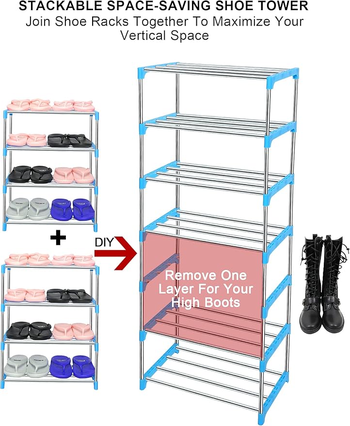 LNYZQUS Upgrade 4 Tier Small Shoe Rack, Kids Show Rack Closet Shoe Organizer,Compact Stackable Shoe Shelf Shoe Stand Floor Shoe Rack for Narrow Space,Zapateras Organizer for Shoes (Blue)
