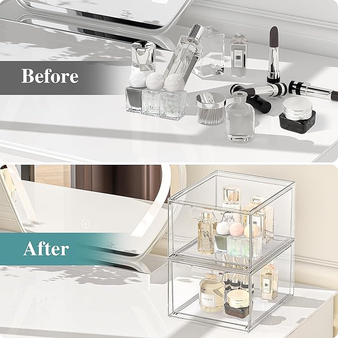 6 Pack Stackable Makeup Organizer and Storage, Acrylic Organizers，Clear Plastic Storage Drawer with Pull-Out Handles for Vanity, Undersink, Kitchen Cabinets, Pantry