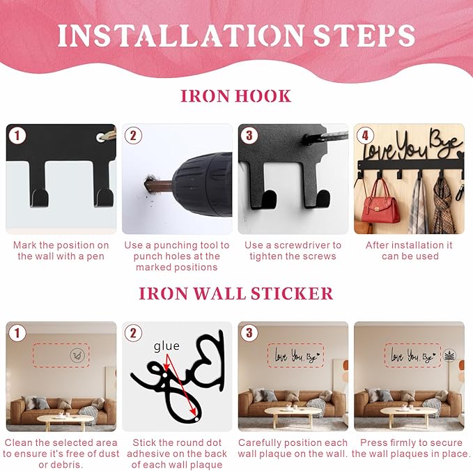 Valentines Key Holder Wall Mount, Love You Bye Key Holder for Wall, Key Holder Hook Rack Organizer Hanger with 6 Hooks for Entryway, Front Door, Hallway, Living Room (Love You Bye Artistic)