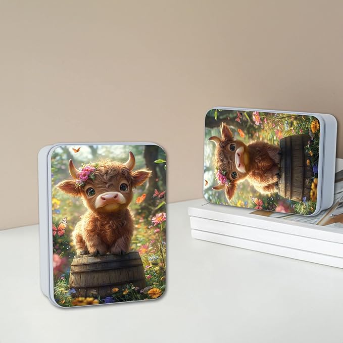 Metal Tin Box with Lid for Game Cards Home Large Organizer Candles Keys Crafts Storage - Comes with 4 Magnetic Cord Clips，Cute Highland Calf Floral