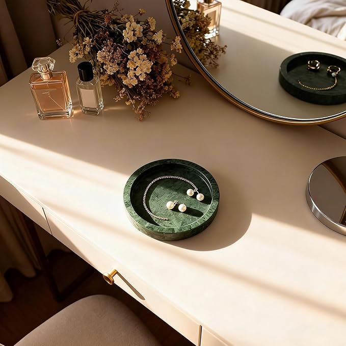 Natural Marble Tray, Round Green Tray for Bedroom/Bathroom/Kitchen/Vanity Countertop, Jewelry Tray for Rings Earrings Necklace Bracelet Watch, Room Decor Aesthetic