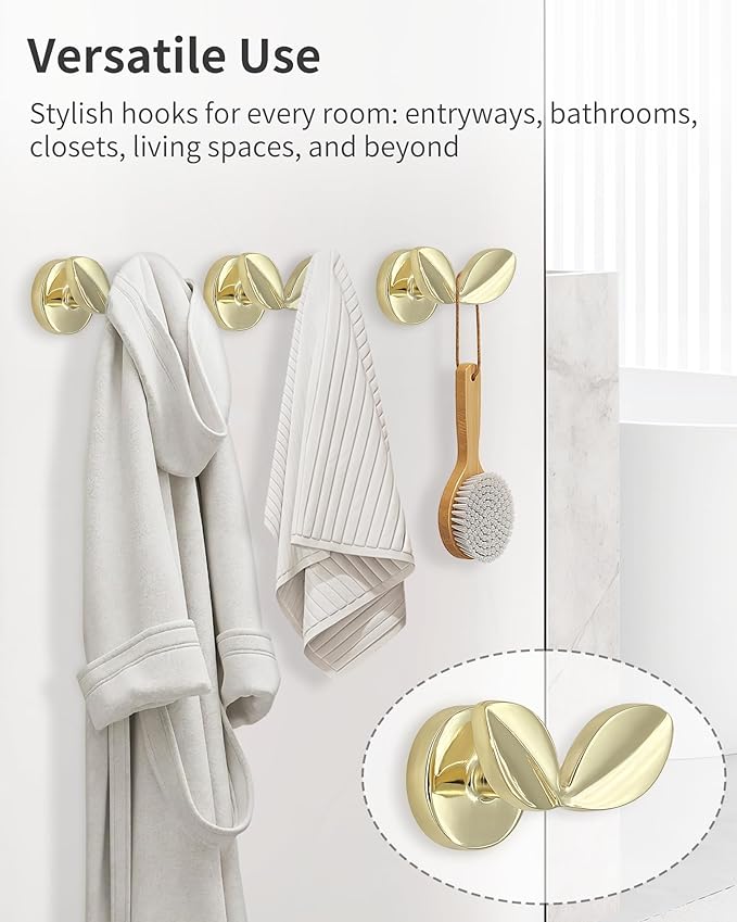 Decorative Coat Hooks Wall Mount, Unique Wall Decor Hooks for Hanging Towel Key Purse Hat Robe Clothes Cute Dual Leaves Hanger Hook for Bathroom Shower Closet Entryway Bright Gold 4 Pack