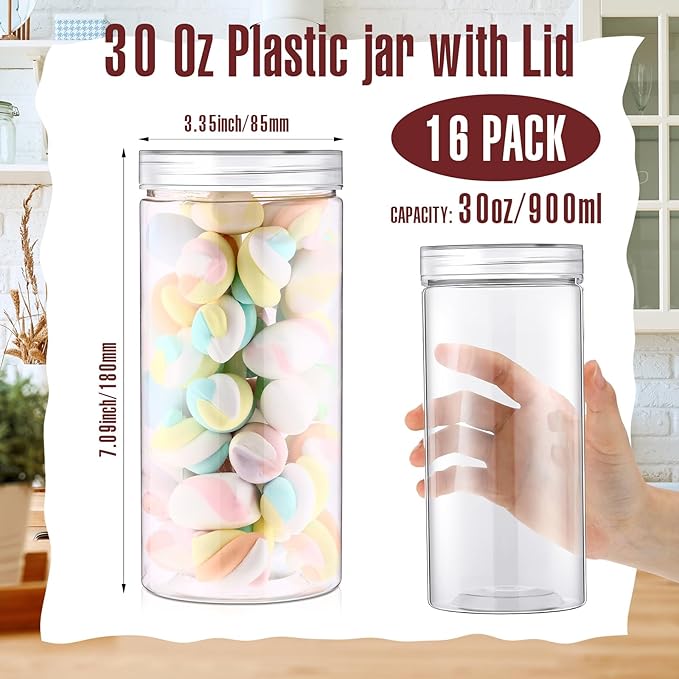 Dandat 16 Pack 30 oz Plastic Jars with Lids Plastic Mason Bottles Container Canister Wide Mouth Cylinders Kitchen Home Organize Storage for Dry Good, Spice, Honey, Candy, Peanut Butter(Clear)