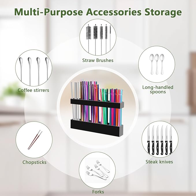 9.5â Large Acrylic Straw Holder for Cabinet Door - Reusable Tumbler Straw Organizer Storage, Small Kitchen Accessories Container, Ultra Sticky Cupboard Door Mounted (Black)