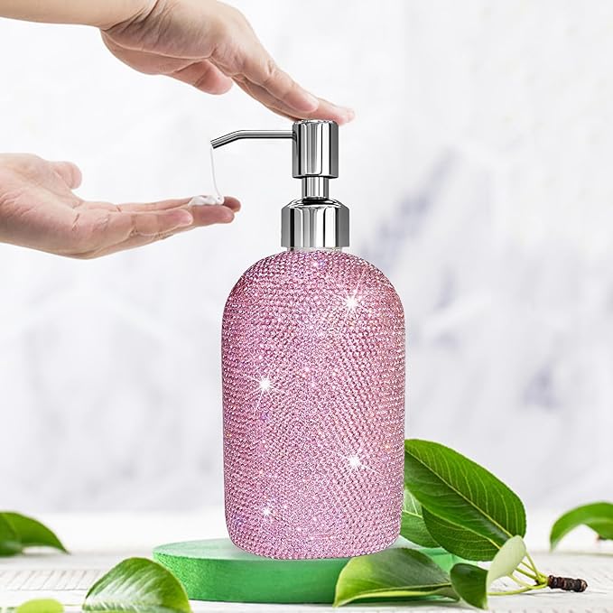 SlowVibes 18Oz Bling Pink Glass Soap Dispenser with Rust Proof Stainless Steel Pump,Refillable Liquid Hand Wash Bottle for Bathroom Kitchen,Sparkle Decorative Rhinestone Shower Lotion Dish Dispenser