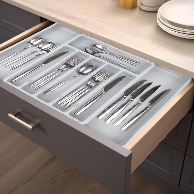 S&F Homes Expandable Cutlery drawer organizer, utensil drawer organizer, flatware and silverware holder, organization and storage tray for kitchen decor, BPA-Free. (Gray)