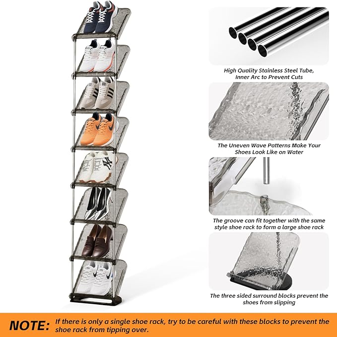Vertical Shoe Rack 8 Tiers Narrow Clear Sneaker Storage Holder Luxurious Slim Tall Organizer Space Saving Shelf for Entryway Garage 10.4" W x 64.5" H x 9.8" D (Transparent Black)