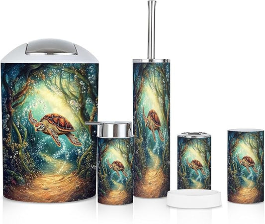 6 Piece Bathroom Accessories Set Turtle s Kelp Bubbles Wonder Trash can Toilet Brush Holder Toothbrush Holder Toothbrush Cup Soap Dispenser Soap Dish for Home