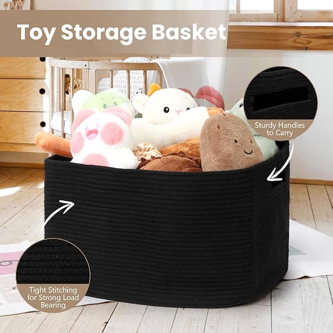 95L Large Blanket Basket, Woven Storage Baskets with Reinforced Handles, Rope Laundry Basket for Living Room, Bedroom, Nursery, Toys, Clothes,Pillows, 24â x 17â x 13.5â, Black
