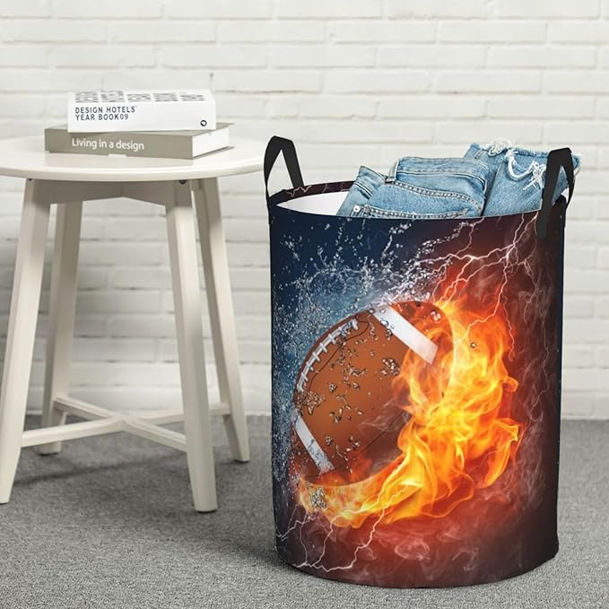 American Football Ball In Fire And Water Round Laundry Hamper Sport Rugby Storage Basket Toys Clothes Organizer Bin For Home Bathroom Bedroom Dorm Nursery, 62l