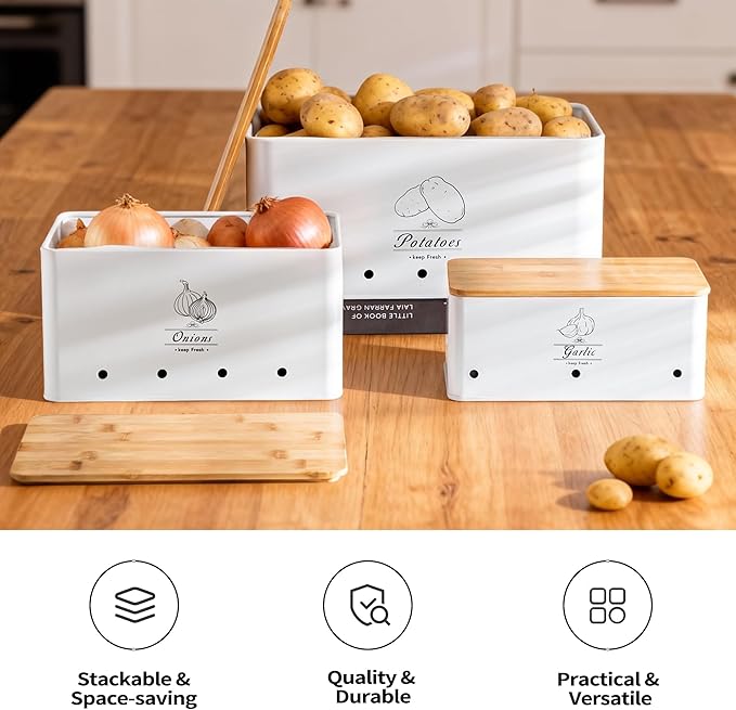 Potato Onion and Garlic Storage Bin Set of 3, White Metal Kitchen Vegetable Canisters with Bamboo Lid and Aerating Holes, Stackable Kitchen Storage Tin for Countertop Pantry