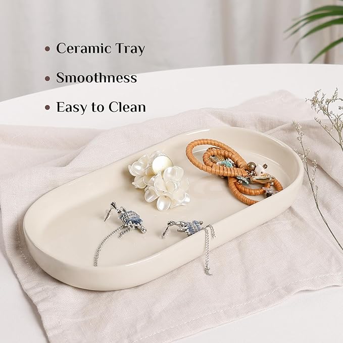 Ceramic Jewelry Tray â Oval Vanity Dish for Rings, Earrings, Bracelets â Minimalist Decorative Trinket Holder for Dresser, Bathroom, Nightstand â Cream White