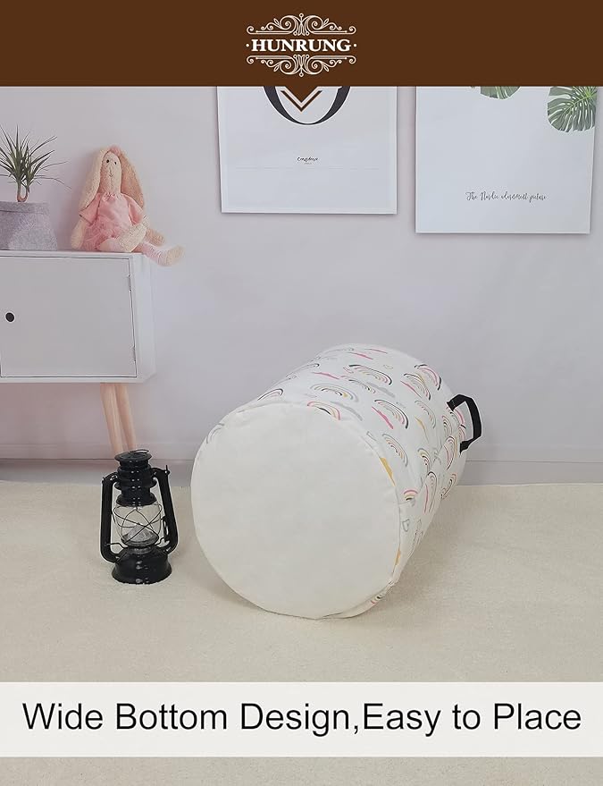 HUNRUNG Laundry Hamper,Large Canvas Fabric Lightweight Storage Basket Toy Organizer Dirty Clothes Collapsible Waterproof for College Dormsï¼Round-Rainbowï¼