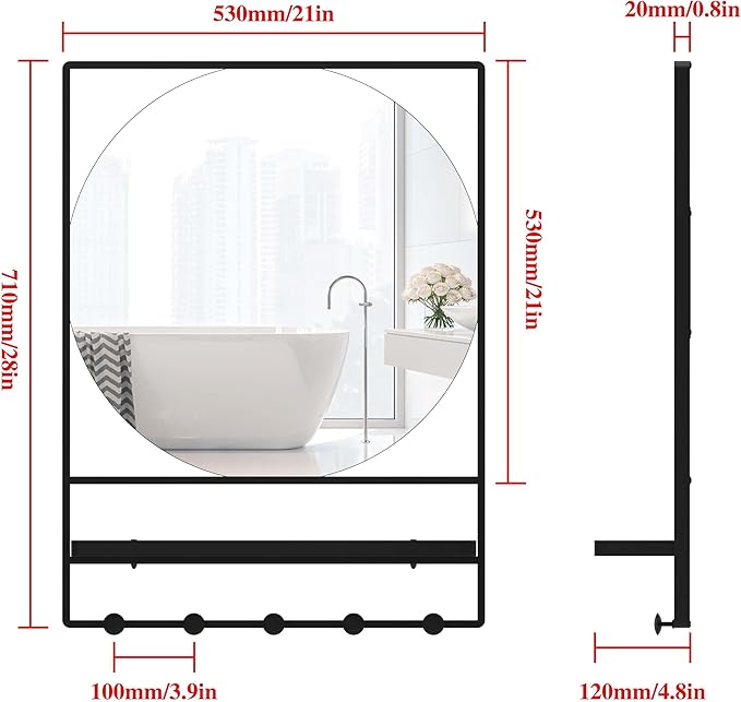WONSTART Wall Mirror with Shelf and Hooks, 21" X 28" Metal Framed Bathroom Mirror with Shelf, Decorative Mirror for Bathroom, Entryway, Bedroom, Living Room (Black, 21 x 28)