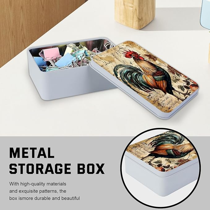 Metal Tin Box with Lid,Multi-functional Storage Box Can Store Tea Biscuits Game Cards, Playing & Tarot Cards-Comes with 4 Magnetic Cord Clips,Vintage Rooster Art