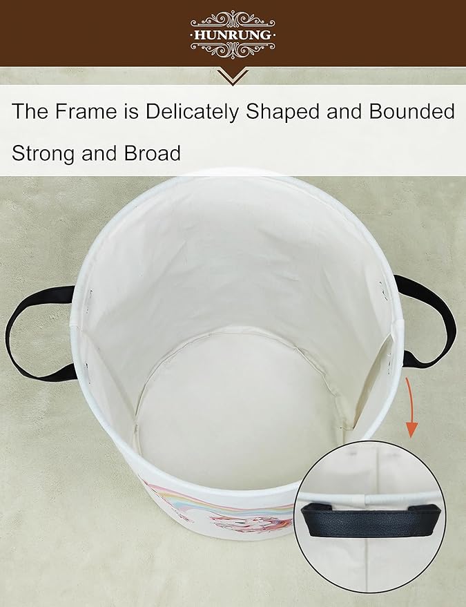 HUNRUNG Laundry Hamper,Large Canvas Fabric Lightweight Storage Basket Toy Organizer Dirty Clothes Collapsible Waterproof for College Dormsï¼Round-Rainbow Unicornï¼