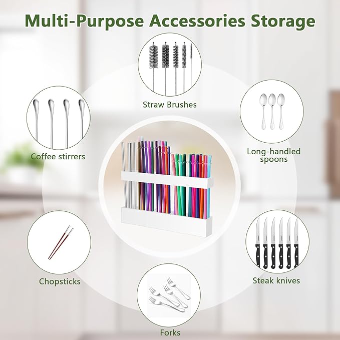 9.5â Large Acrylic Straw Holder for Cabinet Door - Reusable Tumbler Straw Organizer Storage, Small Kitchen Accessories Container, Ultra Sticky Cupboard Door Mounted (White)