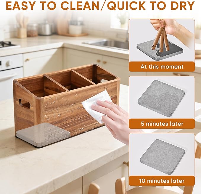 Wooden Utensil Holder for Kitchen Counter - Large Utensil Organizer with 3 Compartment, Cooking Tool Crock & Farmhouse Kitchen Accessories