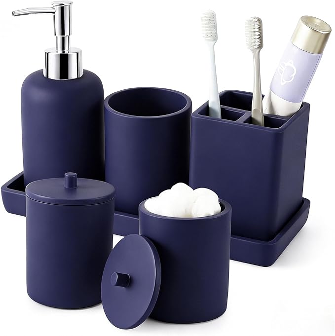 Resin 6 Pcs Navy Blue Bathroom Set Complete with Toothbrush Holder, Lotion Soap Dispenser, 2 Qtip Holder Dispensers,Vanity Tray,Bathroom Tumbler - Countertop Vanity Organizer - Bathroom Accessories