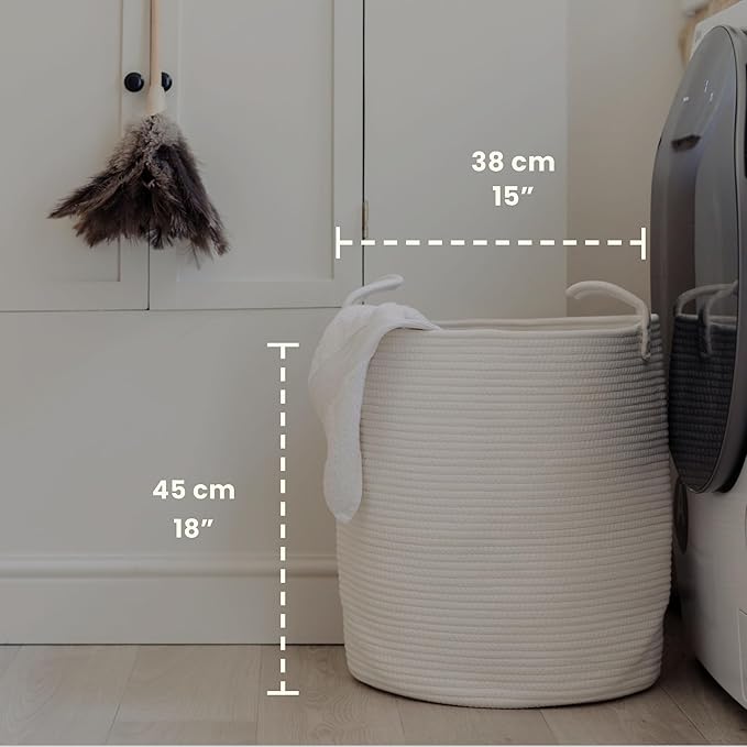 OrganiHaus Large Off-White Woven Laundry Basket w/Handles 52L, Rope Dirty Clothes Hamper, Blanket Basket for Living Room, Baby Laundry Hamper for Nursery, Soft & Durable Decorative Organizer Bin