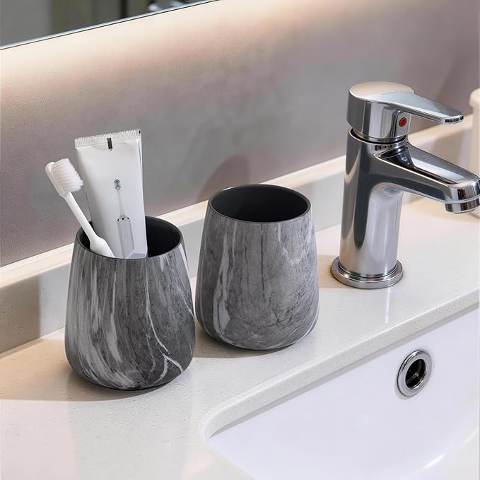 2Pcs Toothbrush Holder for Bathroom - Marble Grey Ceramic Tooth Brushing Holders Set, Toothbrush Cup & Toothpaste Organizer for Bathroom Countertop, Makeup Brush Holder, Pen Holder for Home Storage