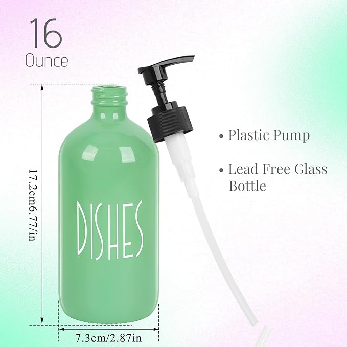 Dish Soap Dispenser for Kitchen - 16 OZ Glass Hand Soap Dispenser Set - Kitchen Bathroom Decor and Accessories (Avocado Green)