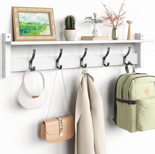 Coat Rack Wall Mount with Shelf, 29 Inch Coat Hanger Walls Mounted, Hat Rack for Walls, Shelf with 5 Coat Hooks, Wall Hanger for Entryway (White)