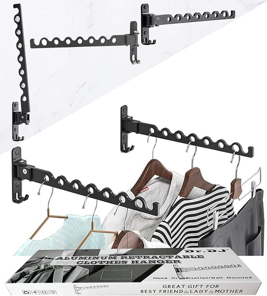 Dr.DJ Wall Mount Coat Hanger Rack, Laundry Clothes Drying Organizer Aluminium Retractable Folding Indoor Wall Mounted Hanger Space Saver for Laundry Room Bedroom (2 Racks) Black