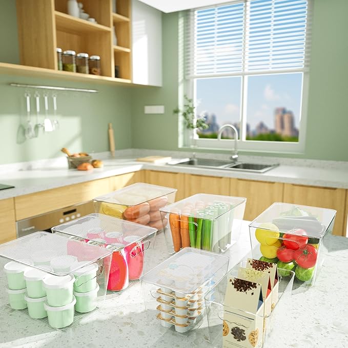 BALEINE Clear Stackable Storage Bins with Lids, Plastic Containers with Handle for Pantry Organizers and Storage, Plastic Bins for Fridge, Kitchen, Bathroom, Cabinet (11x7.5x6, 8PK)