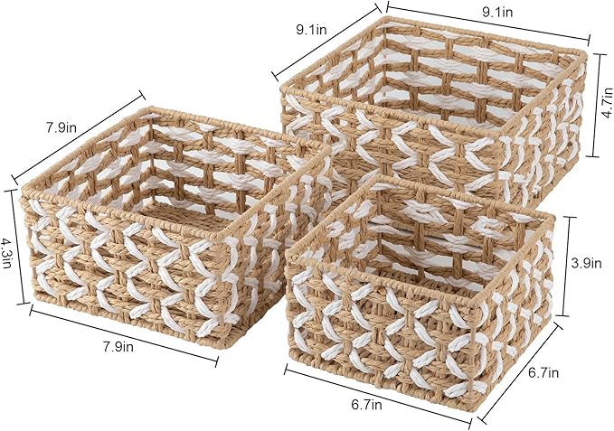 OIAHOMY Storage Baskets Paper Rope Shelf Baskets, Handwoven Small Wicker Bins for Home, Set of 3-Yellow & White