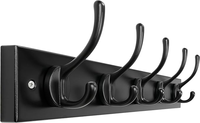 Dseap Wall Mounted Coat Rack: 16" Hole to Hole, Coat Hook Hanger with 5 Metal Hooks for Hanging Coats Towels Hats Clothes, Black