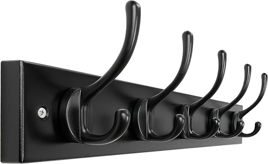 Dseap Wall Mounted Coat Rack: 16" Hole to Hole, Coat Hook Hanger with 5 Metal Hooks for Hanging Coats Towels Hats Clothes, Black