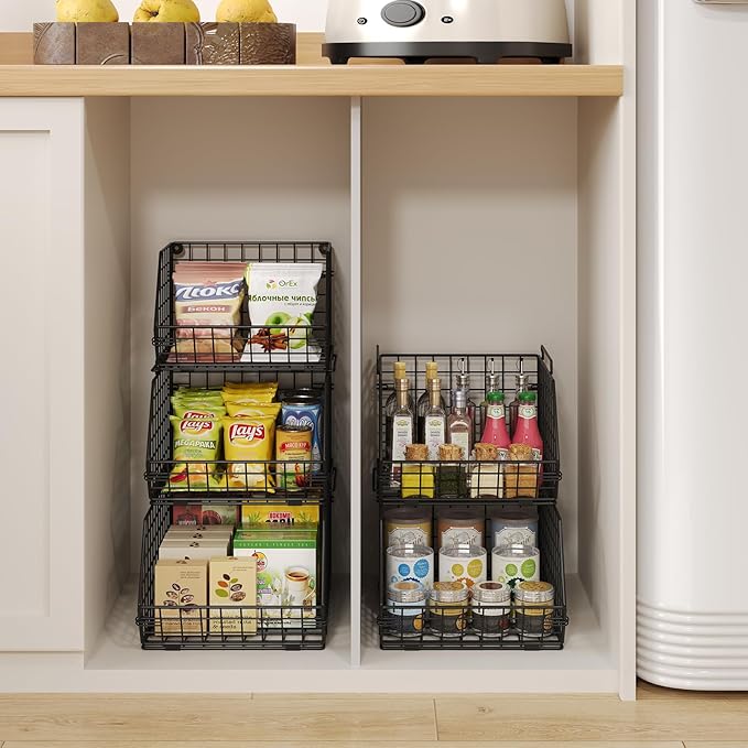 X-cosrack 3-Tier Stackable Wire Baskets for Counter, Fruit and Vegetable Storage, Potato and Onion Storage Bin，Kitchen Pantry Organizer - Wall Basket for Produce/Snack/Can, Black