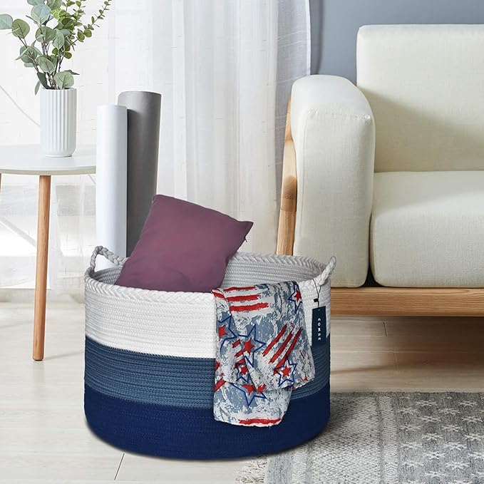 COMSE Extra Large Blanket Basket, Woven Laundry Basket, 21.7âx 13.8â, Nursery Hamper, Cotton Rope Laundry Hamper Living Room for Storage Toys Clothes Towels (White & Cadet Blue & Navy Blue)