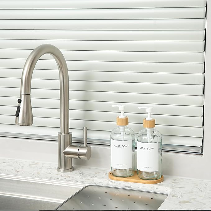 Clear Glass Soap Dispenser with Bamboo Pumps&Tray&Labels, Hand Dispenser, Lotion Dispenser, Dish Soap Dispenser for Kitchen Sink. (Clear)