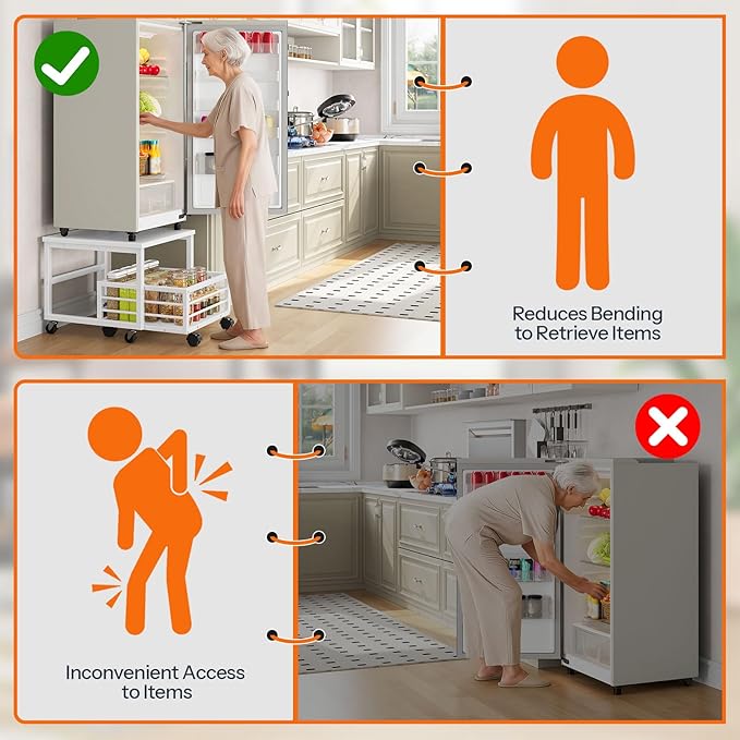 HOOBRO Mini Fridge Stand with Movable Storage Basket, Mini Fridge Cabinet with Wheels and Adjustable Feet, Sturdy Metal Frame, for Kitchen, Living Room, Office, White WW155TL01