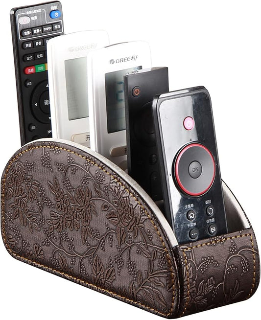 YAPISHI All-in-One Leather Brown TV Remote Holder with 5 Compartments Nightstand Desktop Media Player Remote Caddy Storage Box Organizer Tray for Mobile Office Phone Controller