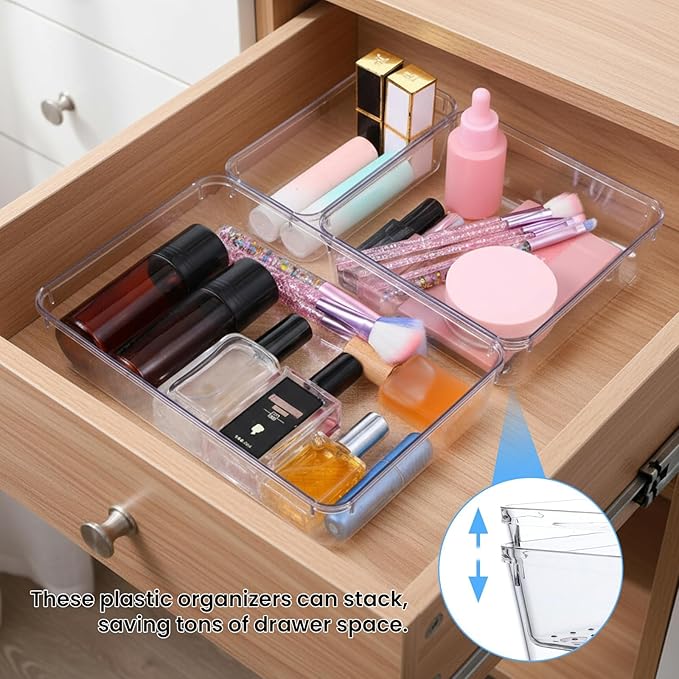 Clear Drawer Organizer, 12 Pack Large plastic Set, 3 Size Versatile Bathroom and Clear organizer bins,Vanity Organizer Trays, Storage Bins for Makeup, Bedroom, Kitchen Utensils