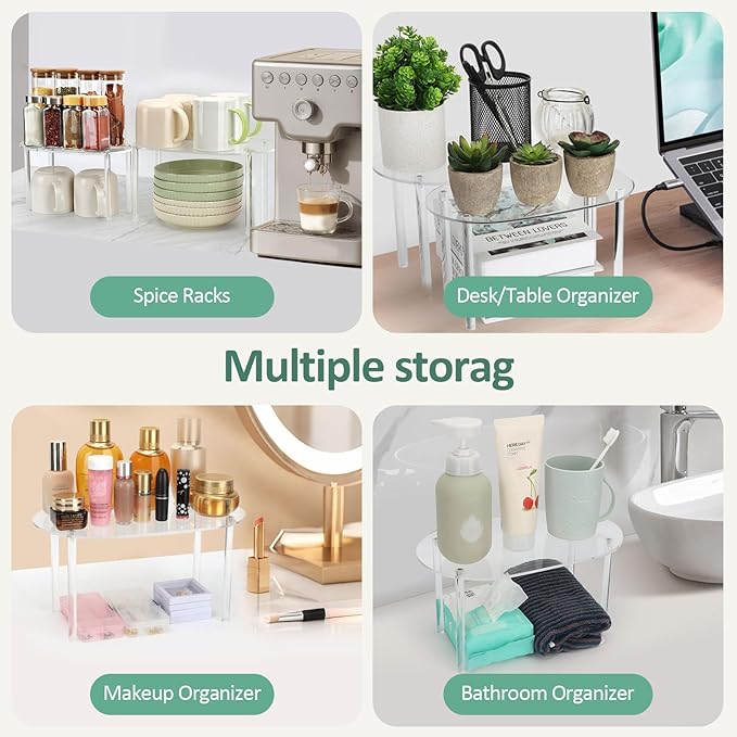 Clear Kitchen Cabinet Organizer, Acrylic Shelves Set of 2 Stackable Counter Shelves, Pantry & Countertop Storage, Space-Saving Bathroom/Desk Organizer