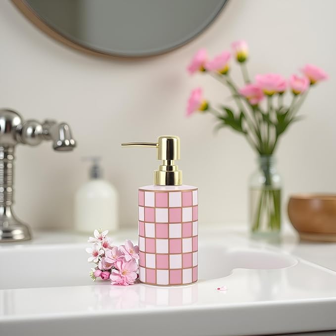 Checkered Bathroom Soap Dispenser,Gold Pump Ceramic Soap Dispenser,Kitchen Checkerboard Empty Pump Bottle,Bath Countertop Storage Organizer,Checkered Bathroom Decor (Pink)