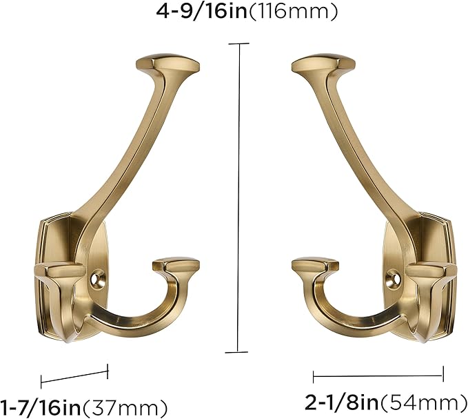 Large Wall Double-Sided Hook 10 Pack Champagne Brozne Hook Decorative Heavy Duty Solid Large Coat Hooks for Towel Hanging Coats Robe Towel Bags Door Back 2 Prong Hooks