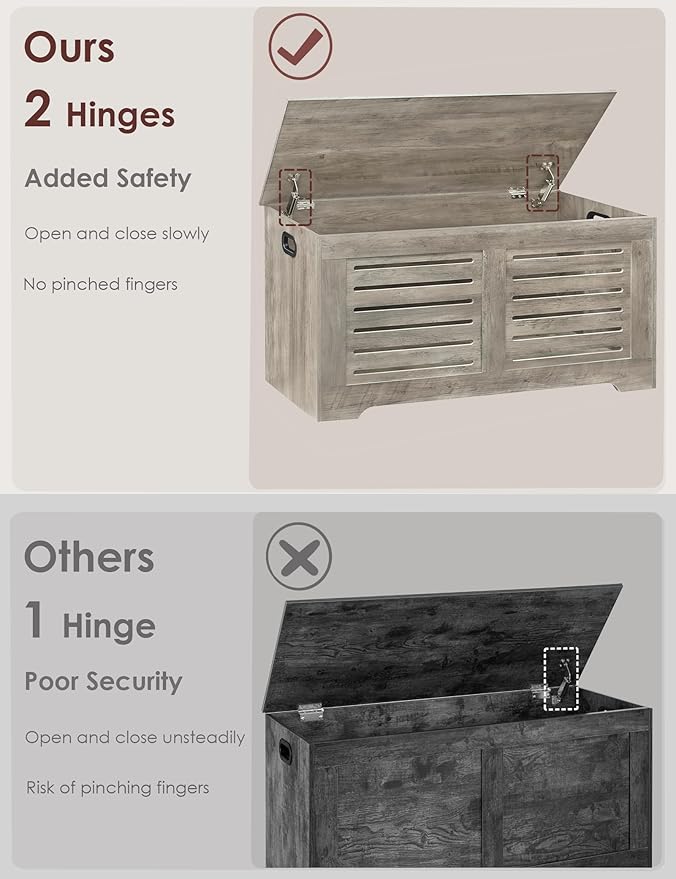 DINZI LVJ Storage Chest, 43.3â Wooden Toy Box with 2 Safety Hinges, Retro Entryway Shoe Storage Bench with Flip-Top, Sturdy Large Storage Trunk for Living Room, Bedroom, Easy Assembly, Gray Wash
