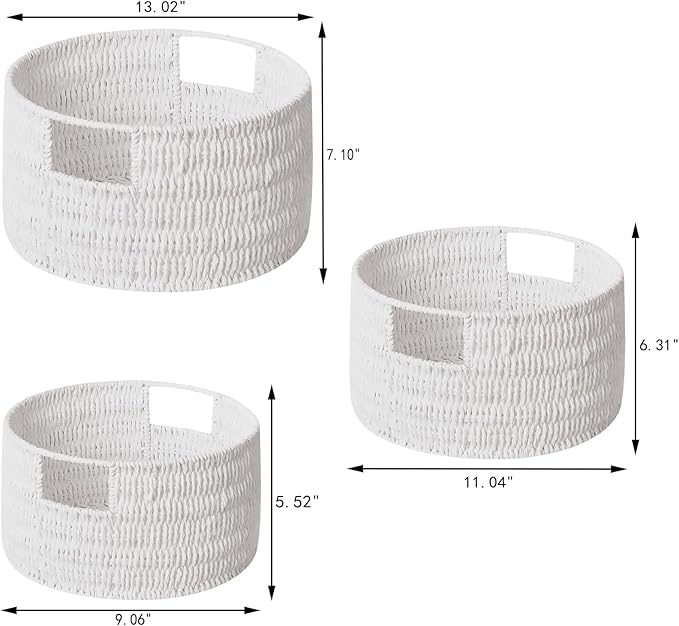 Vagusicc Wicker Storage Basket, Hand-Woven Paper Rope Large Round Woven Basket With Handles, Wicker Baskets for Organizing/Storage, White, 3-Pack